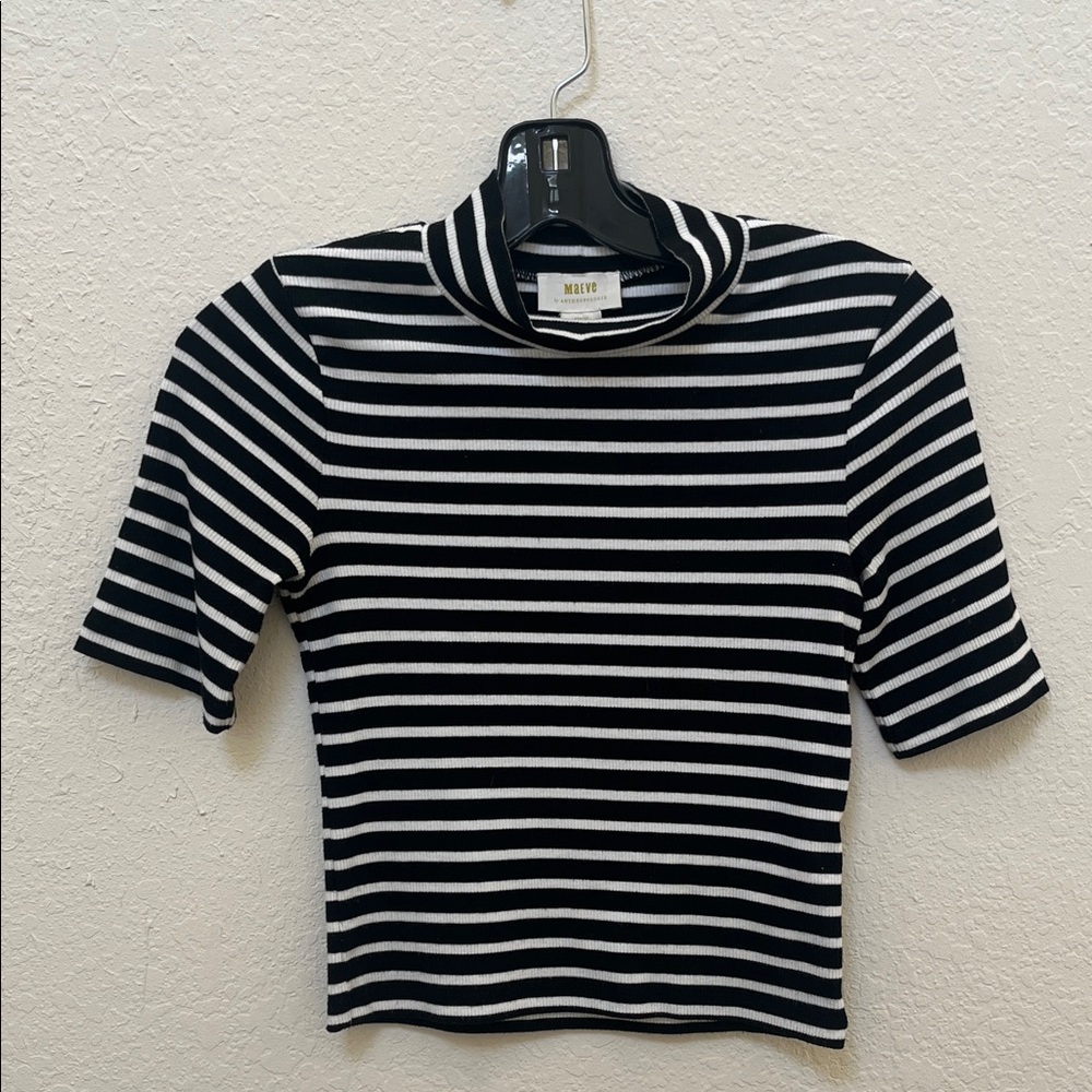 Maeve Black & White Striped Short Sleeve Mock Neck Top